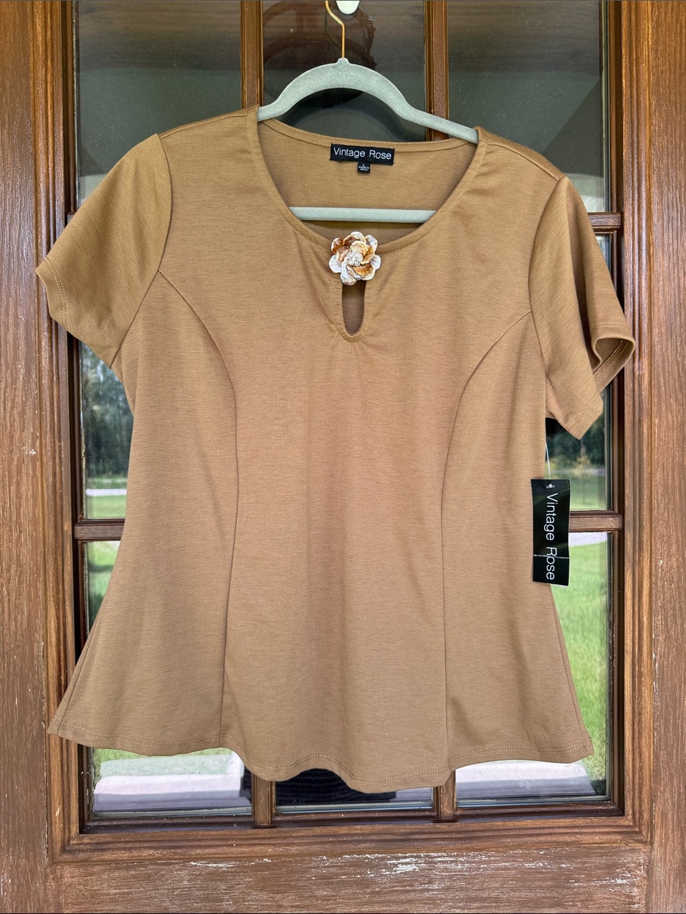 Vintage Rose Short-Sleeve Tan Peplum Top with Decorative Flower